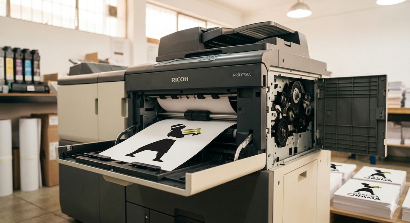 Impresión en acción con prensa Ricoh en Gráfica Orama, Santiago